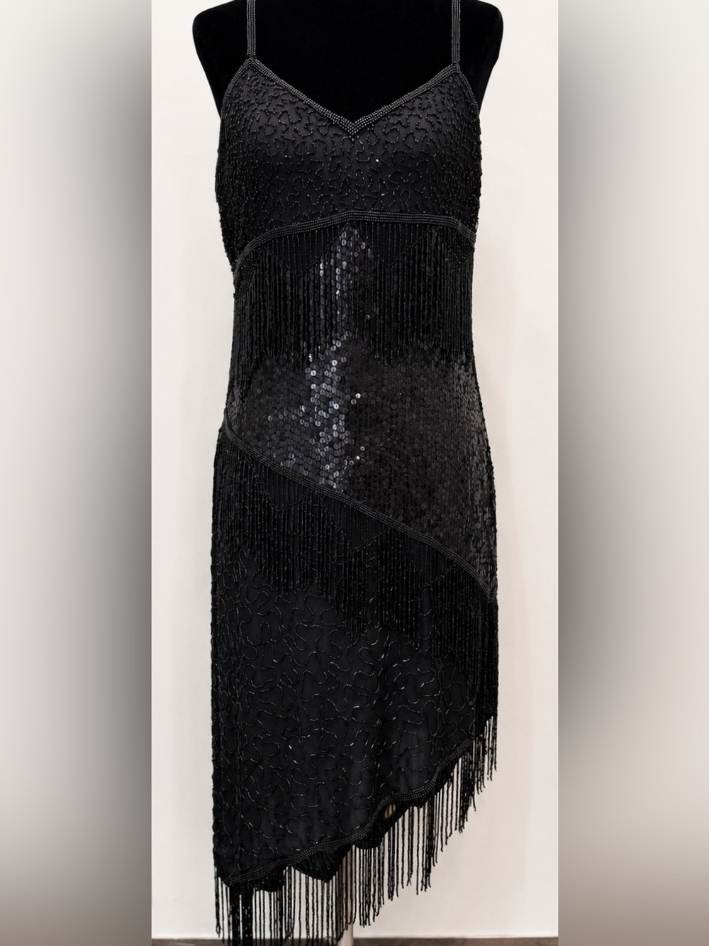 Vintage Scala Black Beaded & Sequin Fringe Dress – Size 10